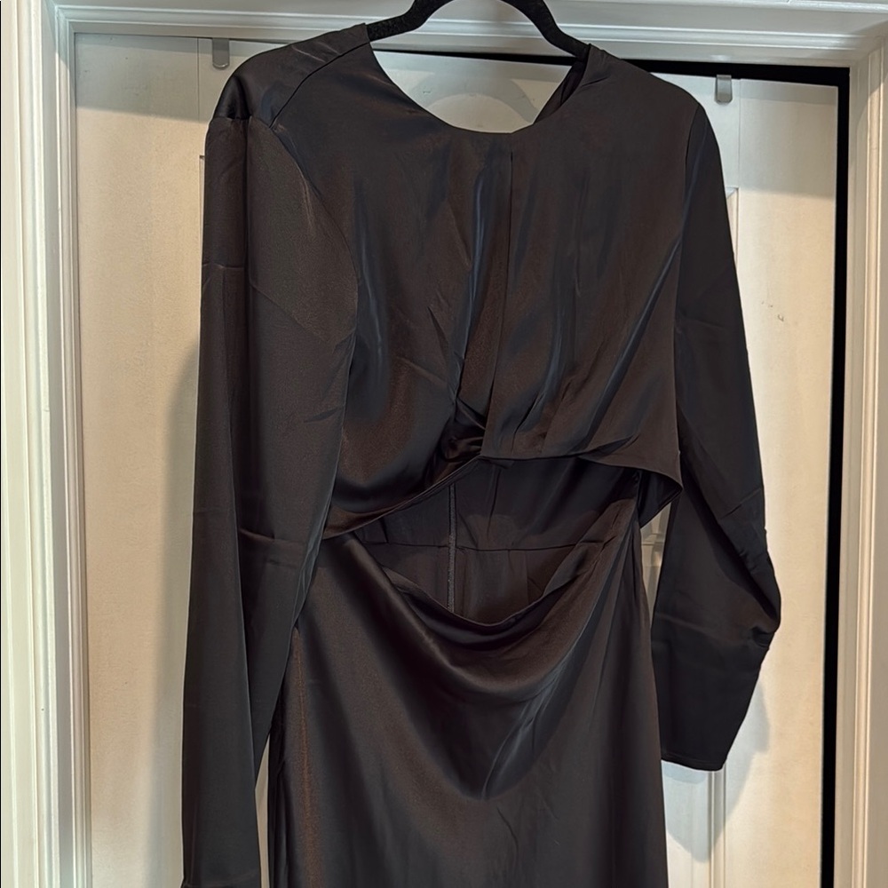 Elegant Black Long Sleeve Cutout Maxi Satin Dress
